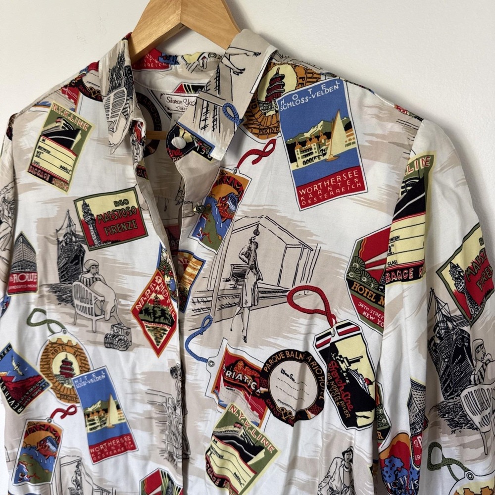 Vintage Sharon Young‎ Travel Novelty Print Shirt Blouse Rayon Vacation Resort L